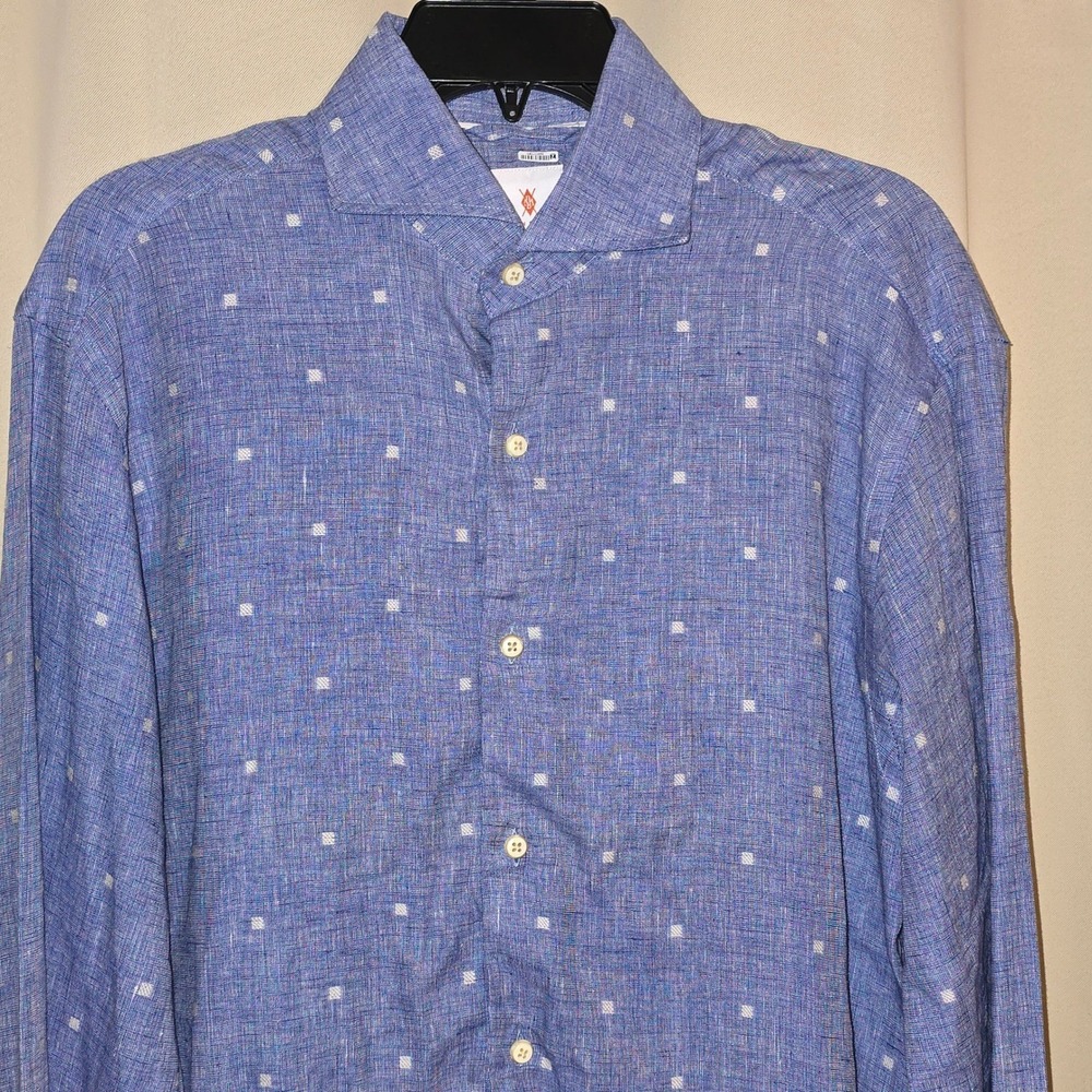 Martin Dingman Top The Rock Blue Linen‎ Button Down Shirt Mens Medium